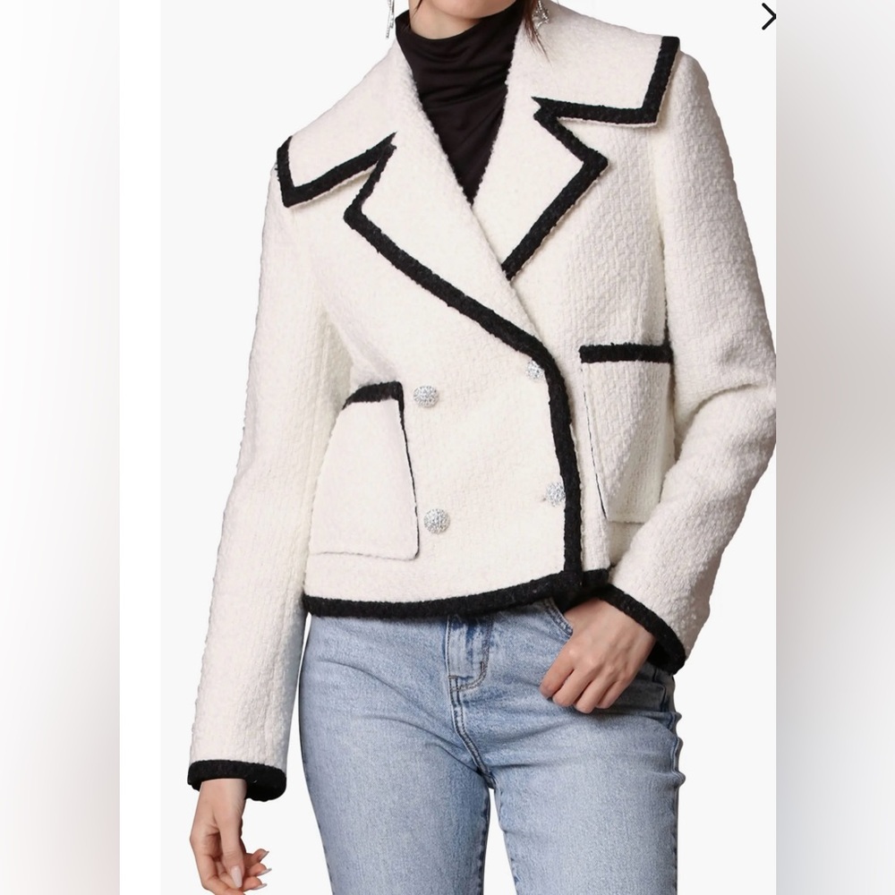 Avec Les Filles Black Ivory Tweed Double Breasted Blazer Jacket Large 12 14 NWT